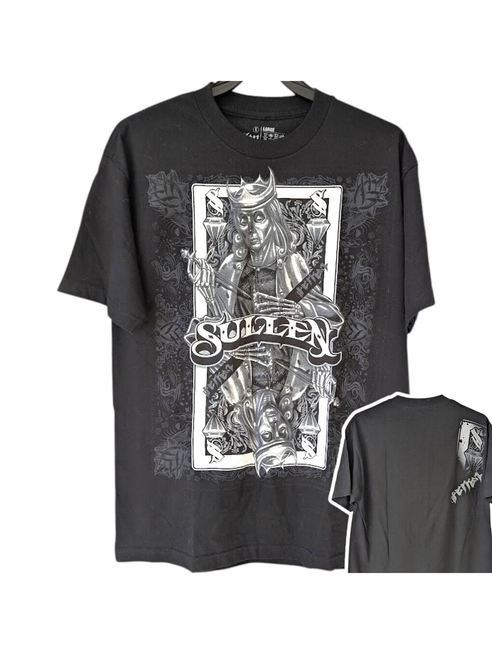 Vintage Sullen Graphic T-Shirt Men L Black Skull King Card NWOT Y2K 21.5x31 Goth